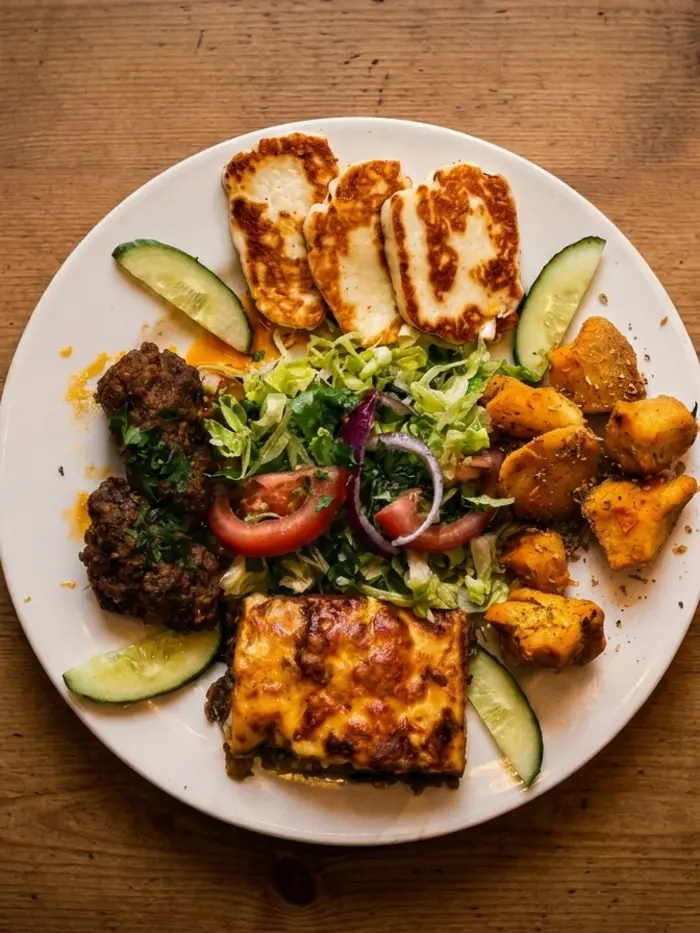 Hot and meat meze platter: grilled halloumi, meatballs, chicken shish and musakka