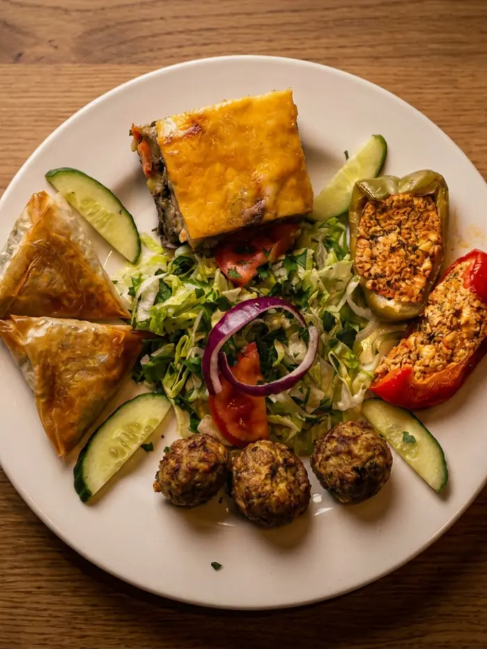 Vegetarian meze platter with borek, stuffed peppers, musakka and falafel